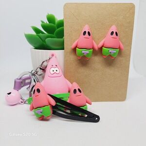 Spongebob Patrick Star Earrings Hair Clip‎ Keychain Set Novelty Gift NWOT